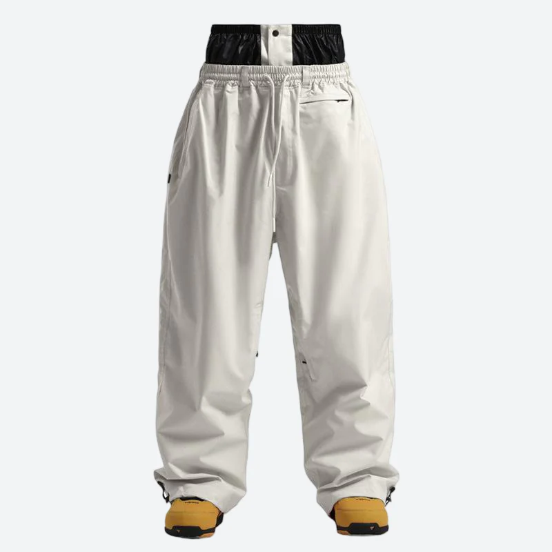 Men's 2-layer snowboard jacket and wide-leg pants - white snow pants, flat lay front view, for skiing and snowboarding