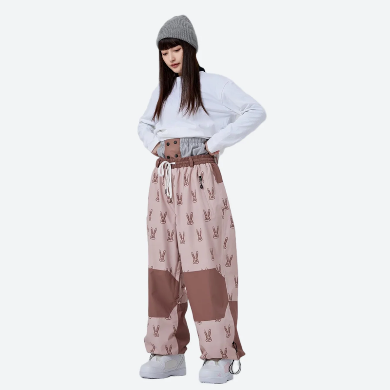 Women's breathable rabbit print ski jacket set - pink brown rabbit print snow pants with white top