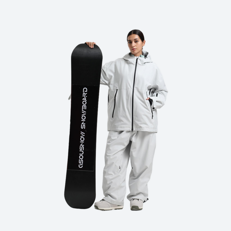 Women's 2-layer snowboard jacket and pants - light gray jacket with light gray pants, for resort and street wear