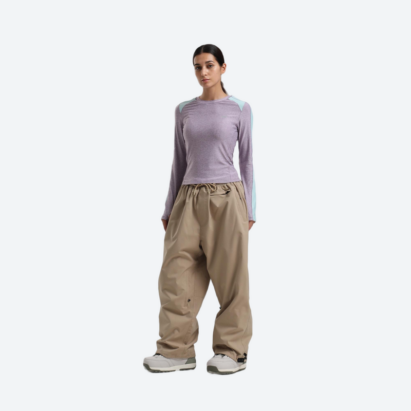 Women's breathable ski pullover jacket and pants set - lavender base layer top with tan snow pants