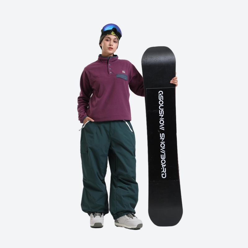 Unisex breathable wide-leg ski pants - dark green snow pants with purple pullover, for powder days and winter commute
