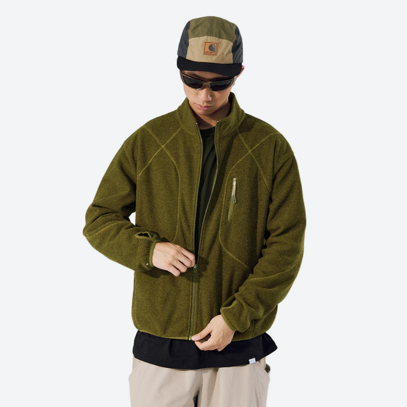 Unisex honeycomb texture fleece jacket - olive honeycomb fleece jacket on men with cap, for running and outdoor workouts