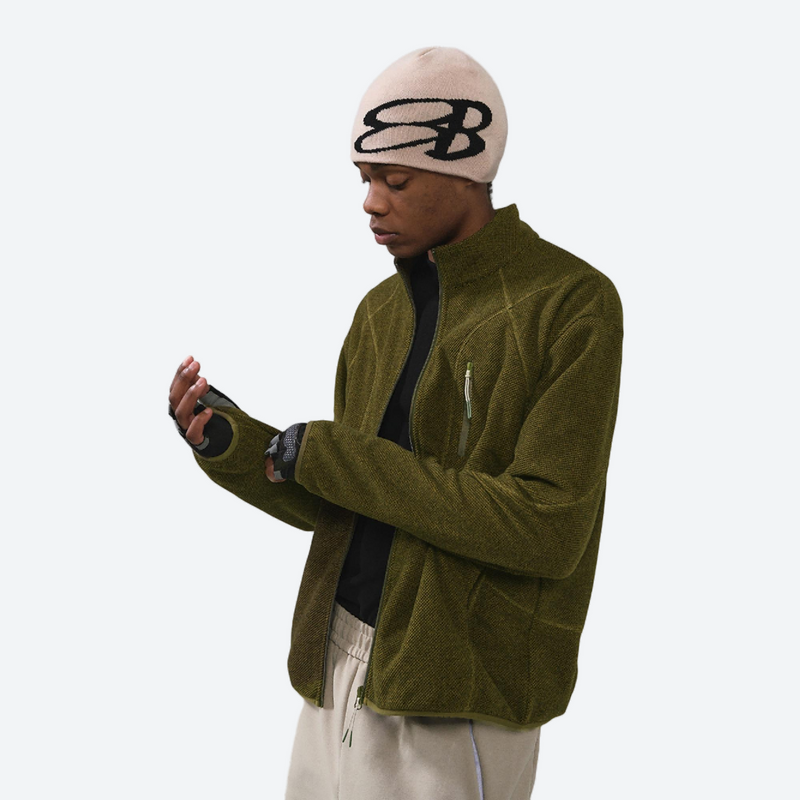 Breathable honeycomb knit fleece jacket with full zip - olive honeycomb fleece jacket on men with beanie