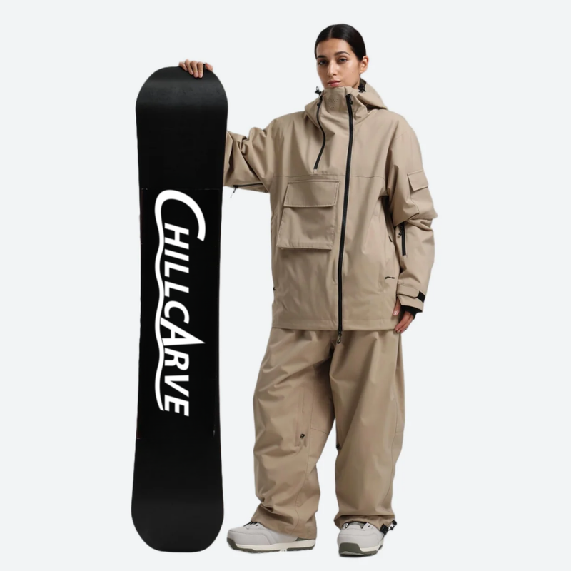 Women's waterproof 2L snow jacket and pants - tan jacket with tan pants, for resort and street wear