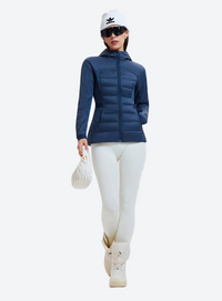 
                  
                    Women's warm packable down midlayer with stretch fabric - navy down jacket on women with cap, for hiking and trail walking
                  
                