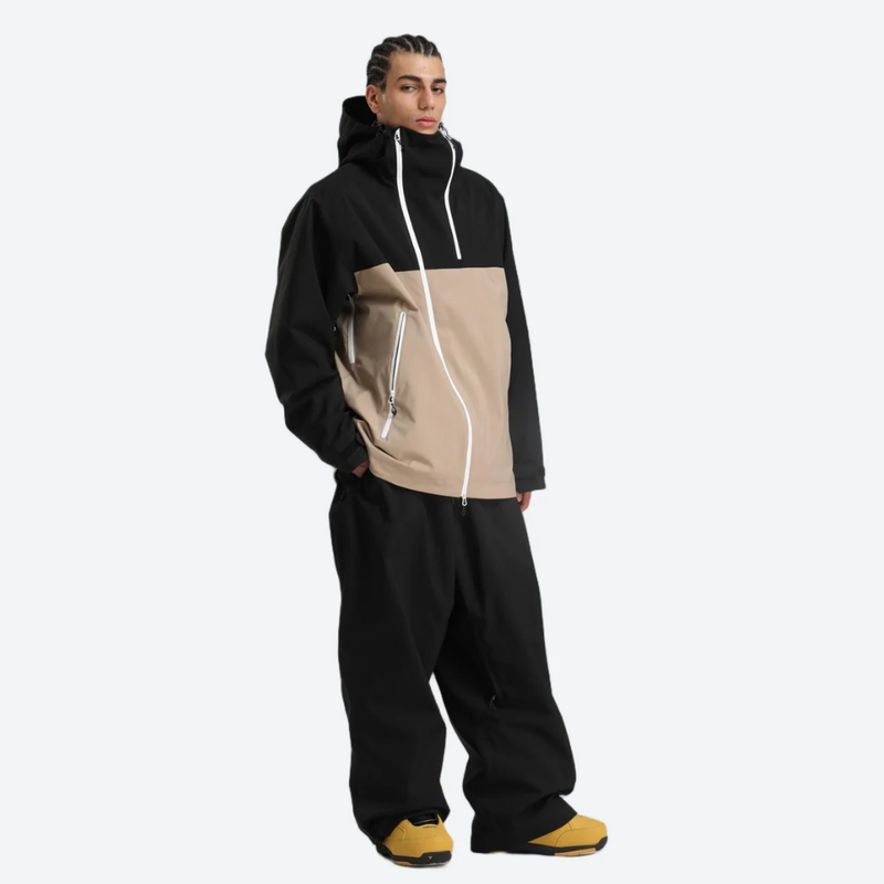 Men's breathable 2L snowboard jacket and pants - black and tan colorblock, for resort and street wear
