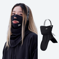 
                  
                    Breathable winter facemask worn with goggles - black facemask on women with product inset, for winter mountain trips
                  
                
