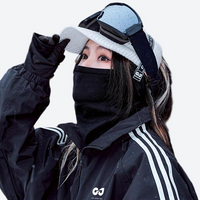 
                  
                    Breathable winter facemask worn with goggles - black facemask on women in white cap adjusting with goggles, worn adjust view
                  
                