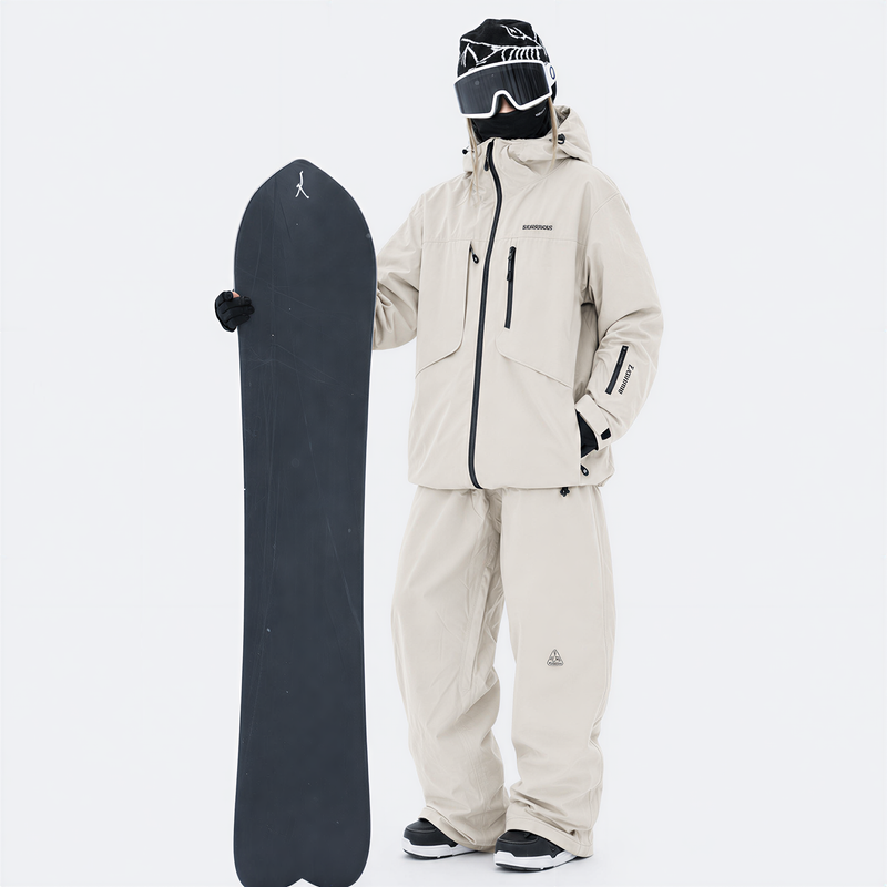 Waterproof snow jacket and pants set - cream, on-model front with upright snowboard, for skiing and snowboarding