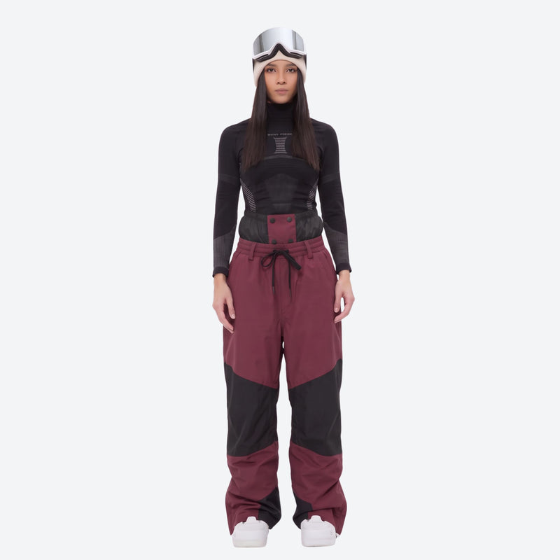 Waterproof snow jacket and pants set - women's wine colorblock pants with black base layer, for skiing and snowboarding
