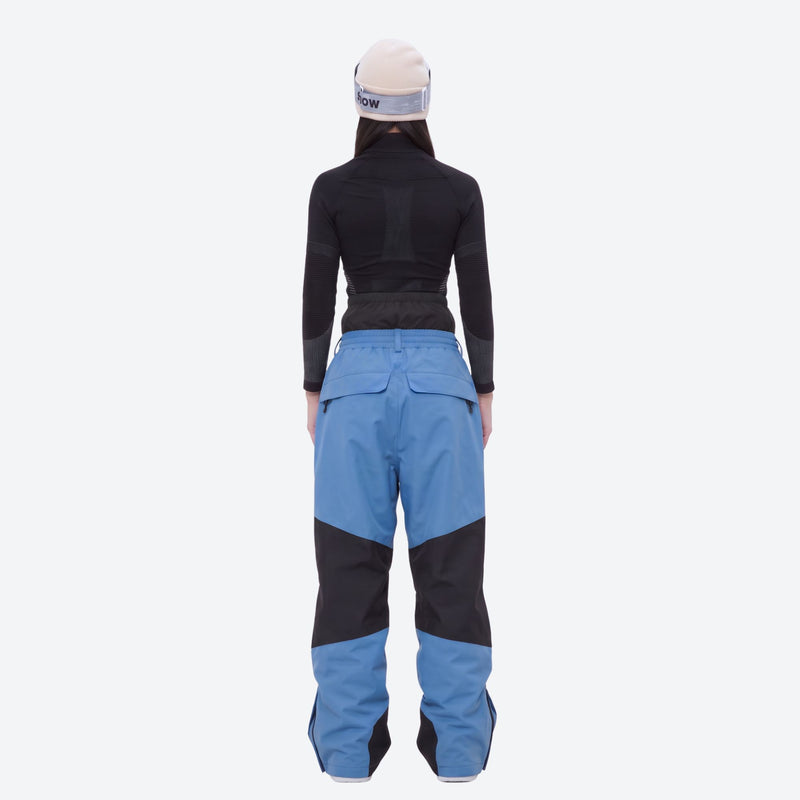 Waterproof snow jacket and pants set - women's blue pants with black base layer, waterproof breathable shell fabric