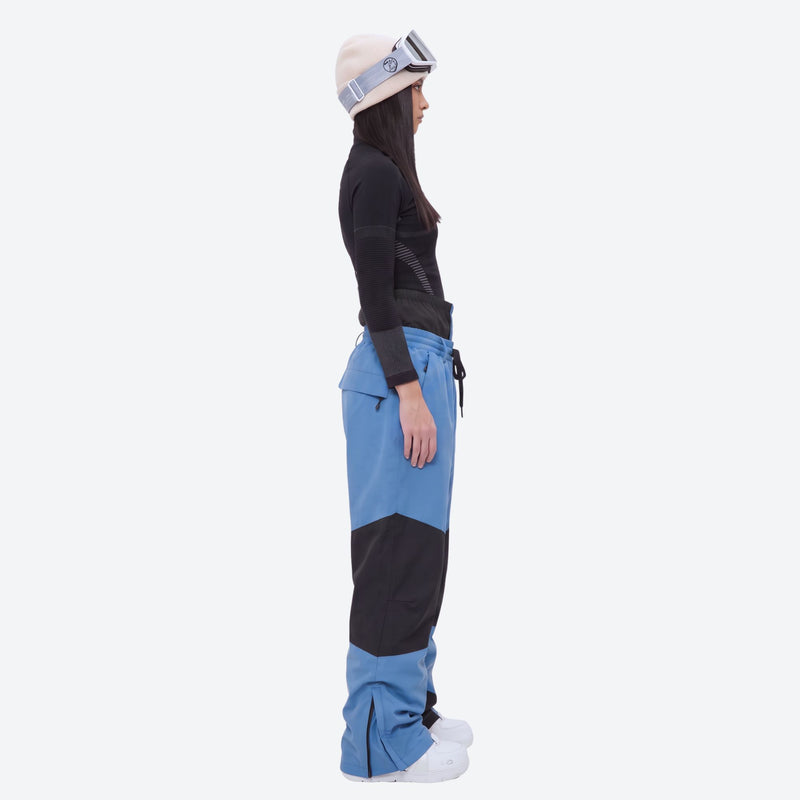 Waterproof snow jacket and pants set - women's blue pants with black base layer, for powder and piste riding