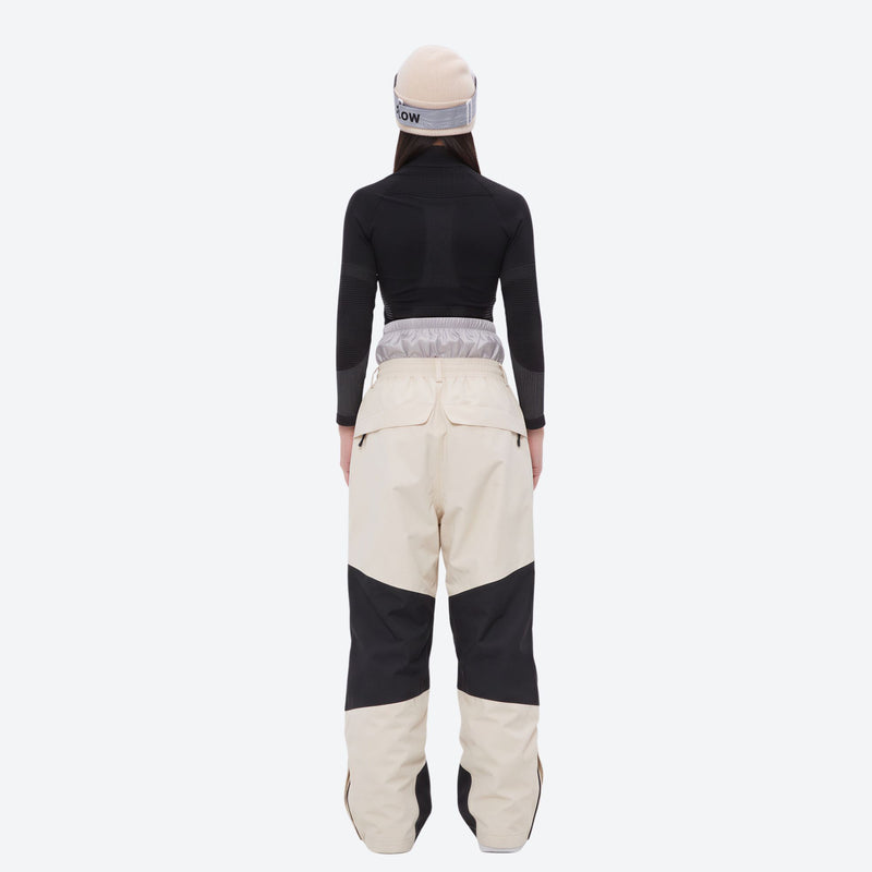 Waterproof snow jacket and pants set - women's cream colorblock pants with black base layer, for skiing and snowboarding