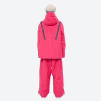 
                  
                    Waterproof snow jacket and pants set - rose pink, on-model front with snowboard and backpack, for powder and piste riding
                  
                
