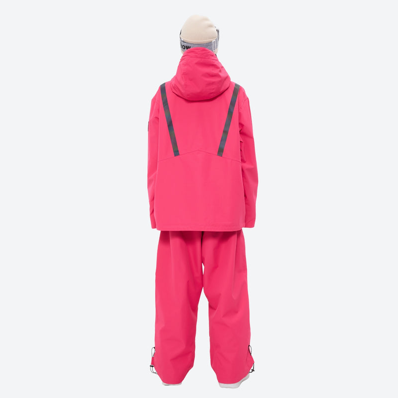 Waterproof snow jacket and pants set - rose pink, on-model front with snowboard and backpack, for powder and piste riding