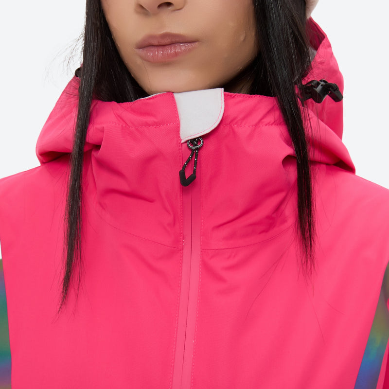 Women's snowboard jacket and wide-leg pants - pink jacket, collar close-up detail, for resort and street wear