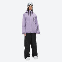 
                  
                    Waterproof 2L snow jacket and pants set - women's solid lavender, on-model full-body front view, for resort and powder riding
                  
                