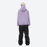 
                  
                    Colorblock ski jacket and pants set - women's solid lavender, on-model back hood view, for cold-weather winter sports
                  
                