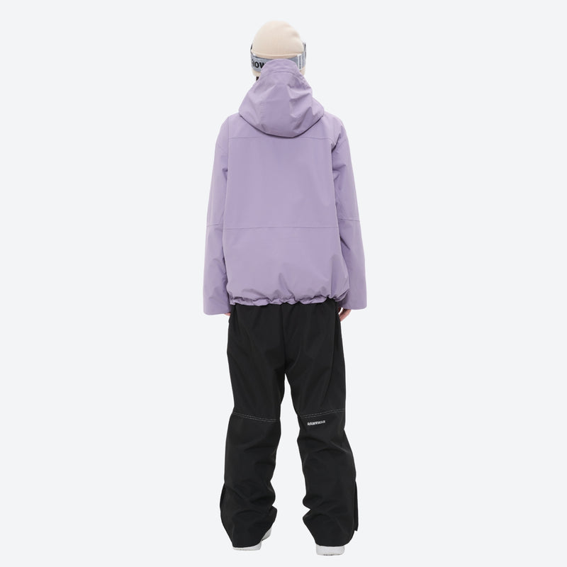 Colorblock ski jacket and pants set - women's solid lavender, on-model back hood view, for cold-weather winter sports