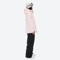 
                  
                    Colorblock ski jacket and pants set - women's solid light pink, on-model side view, for resort and powder riding
                  
                