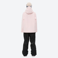 
                  
                    Breathable 2L snowboard jacket and pants - women's solid light pink, on-model back hood view, for cold-weather winter sports
                  
                