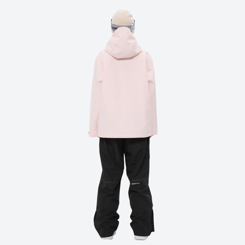 Breathable 2L snowboard jacket and pants - women's solid light pink, on-model back hood view, for cold-weather winter sports