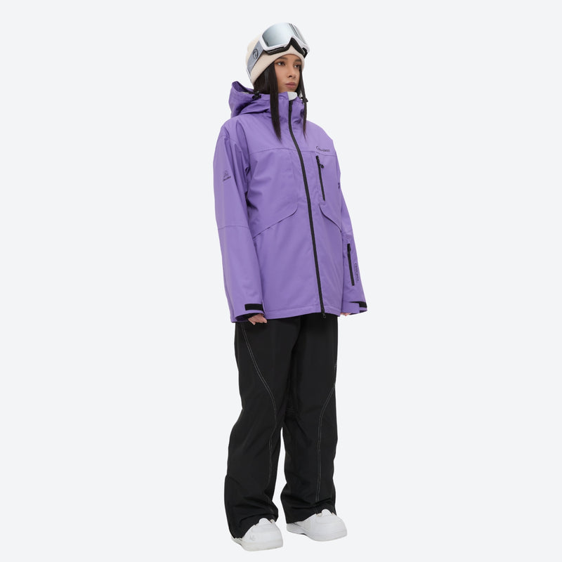 Waterproof 2L snow jacket and pants set - women's solid purple, on-model three-quarter view, for skiing and snowboarding