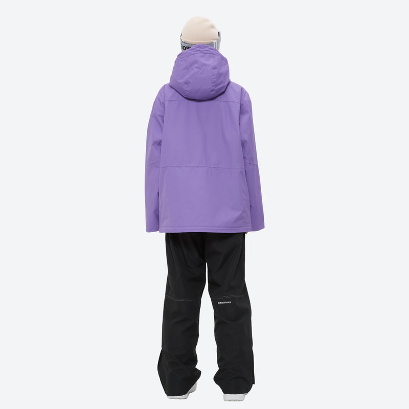Colorblock ski jacket and pants set - women's solid purple, on-model back hood view, for all-mountain and backcountry days