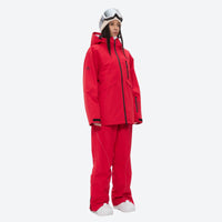 
                  
                    Breathable ski jacket and snow pants combo - red, on-model front view, for resort and backcountry days
                  
                