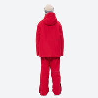 
                  
                    Colorblock snowboard jacket and pants set - red, on-model back hood view, for powder and piste riding
                  
                