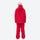 Colorblock snowboard jacket and pants set - red, on-model back hood view, for powder and piste riding