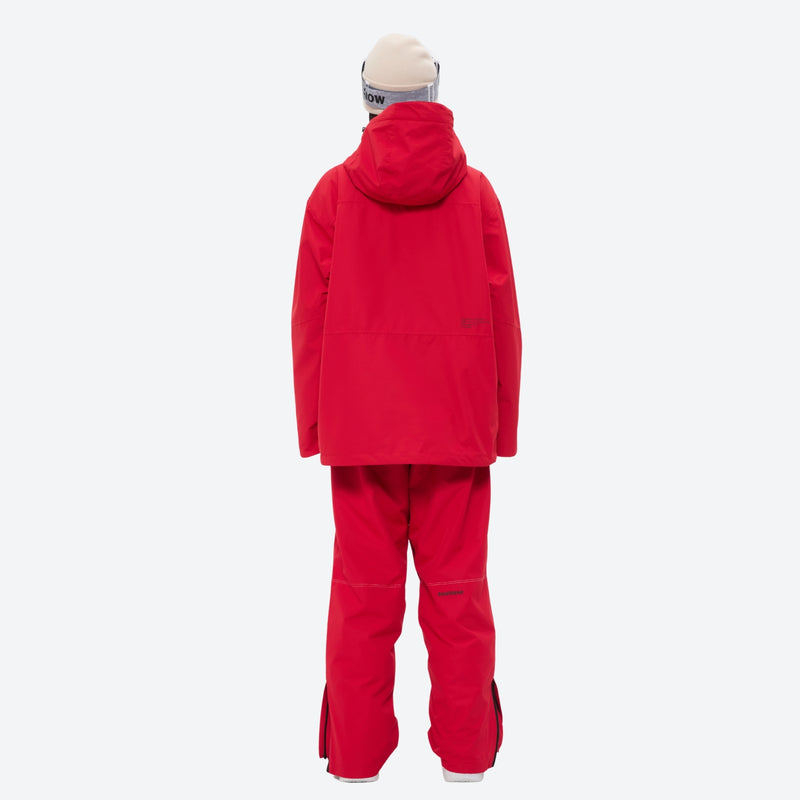 Colorblock snowboard jacket and pants set - red, on-model back hood view, for powder and piste riding