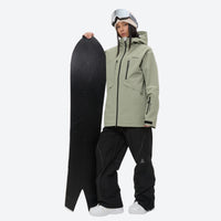 
                  
                    Colorblock snowboard jacket and pants set - sage green jacket with black pants, for skiing and snowboarding
                  
                