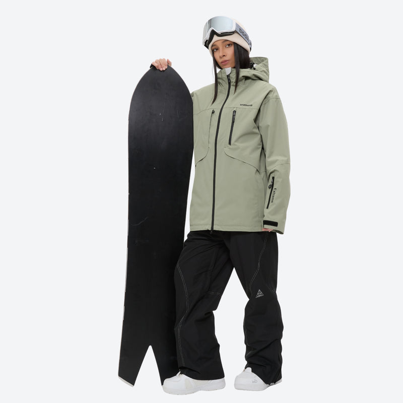 Colorblock snowboard jacket and pants set - sage green jacket with black pants, for skiing and snowboarding
