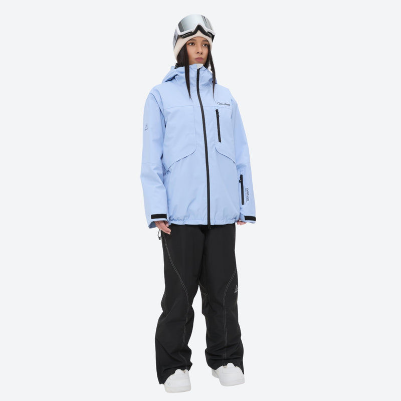Colorblock ski jacket and pants set - women's solid sky blue, on-model full-body front view, for skiing and snowboarding
