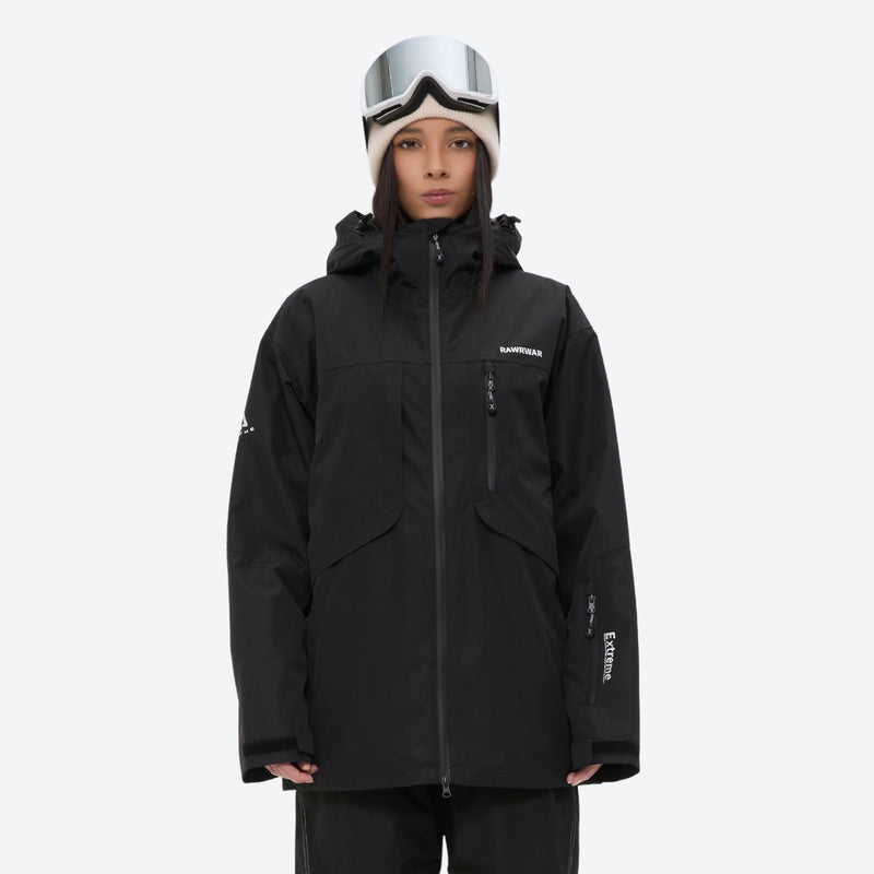 Women's waterproof 2L snow jacket and bib pants series - black jacket with black bib pants, on-model full-body front view