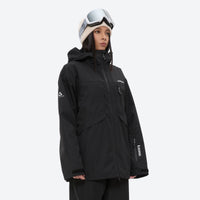
                  
                    Women's reflective trim ski jacket with suspender bibs - black jacket with black bib pants, for cold-weather winter sports
                  
                
