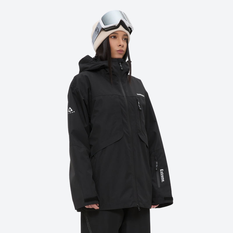 Women's reflective trim ski jacket with suspender bibs - black jacket with black bib pants, for cold-weather winter sports