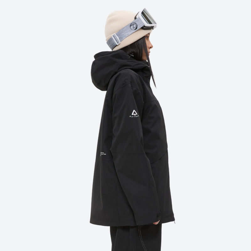 Waterproof snow jacket and pants set - black, on-model back hood view, for resort and backcountry days