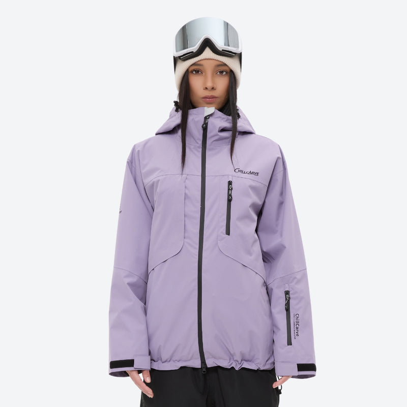 Colorblock snowboard jacket and pants set - lavender, on-model front view, for cold-weather winter sports