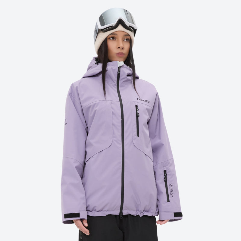 Waterproof snow jacket and pants set - lavender, on-model front view, for skiing and snowboarding