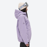 
                  
                    Breathable ski jacket and snow pants combo - lavender, on-model hood side view, for resort and backcountry days
                  
                