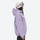 Breathable ski jacket and snow pants combo - lavender, on-model hood side view, for resort and backcountry days