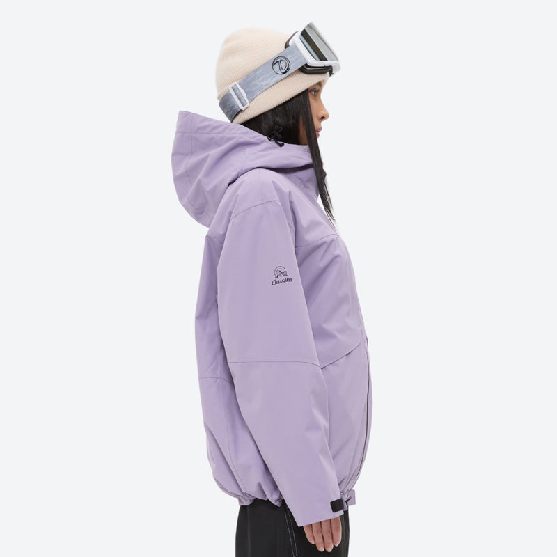 Breathable ski jacket and snow pants combo - lavender, on-model hood side view, for resort and backcountry days