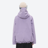 
                  
                    Colorblock snowboard jacket and pants set - lavender, on-model back hood view, for powder and piste riding
                  
                