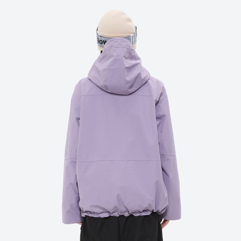 Colorblock snowboard jacket and pants set - lavender, on-model back hood view, for powder and piste riding