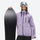 Waterproof snow jacket and pants set - lavender, on-model front with upright snowboard, for resort and backcountry days