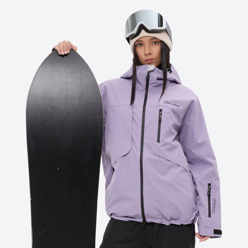 Waterproof snow jacket and pants set - lavender, on-model front with upright snowboard, for resort and backcountry days