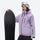 Breathable ski jacket and snow pants combo - lavender, on-model front with upright snowboard, for powder and piste riding