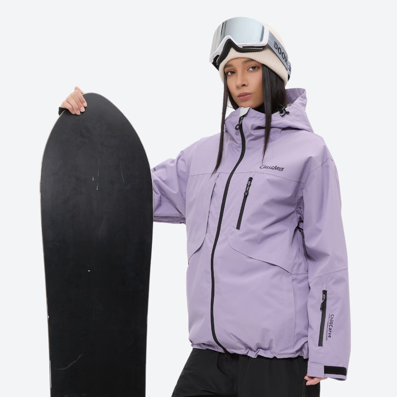 Breathable ski jacket and snow pants combo - lavender, on-model front with upright snowboard, for powder and piste riding